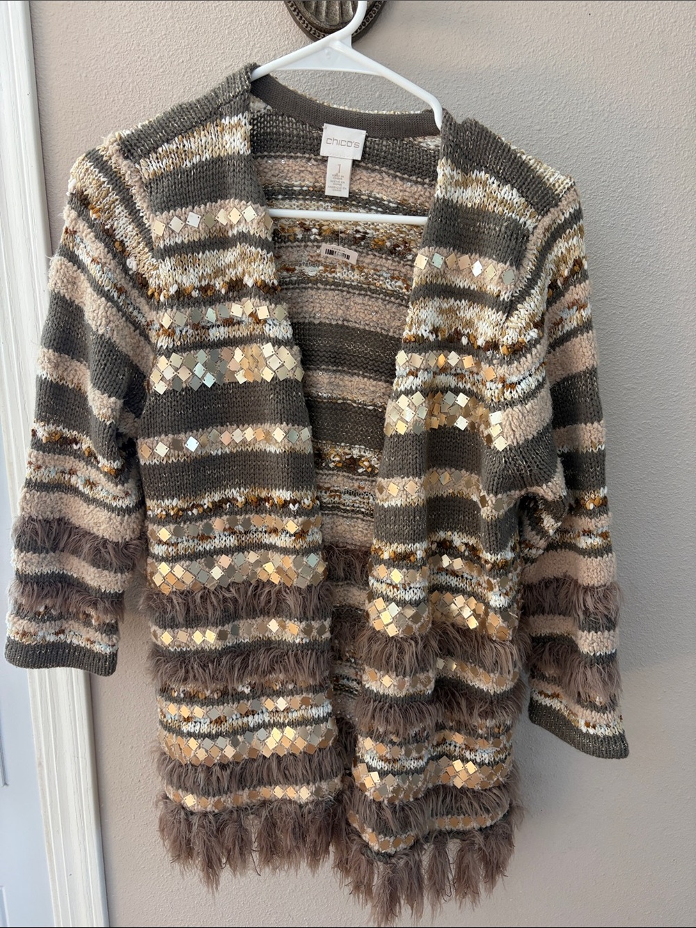 Chico's Striped Sequin & Fringe Open Cardigan in Brown and Cream